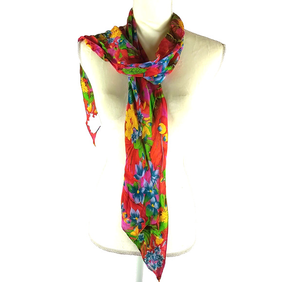 Scarf Rectangle Narrow Thin 66" X 6" Red Yellow Blue Hawaiian Floral - Picture 5 of 8